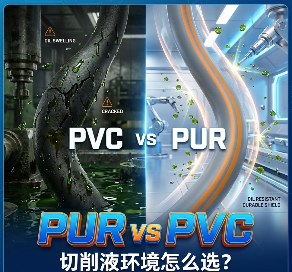 PUR vs PVC：机床切削液环境下，你的拖链电缆选对护套了吗？